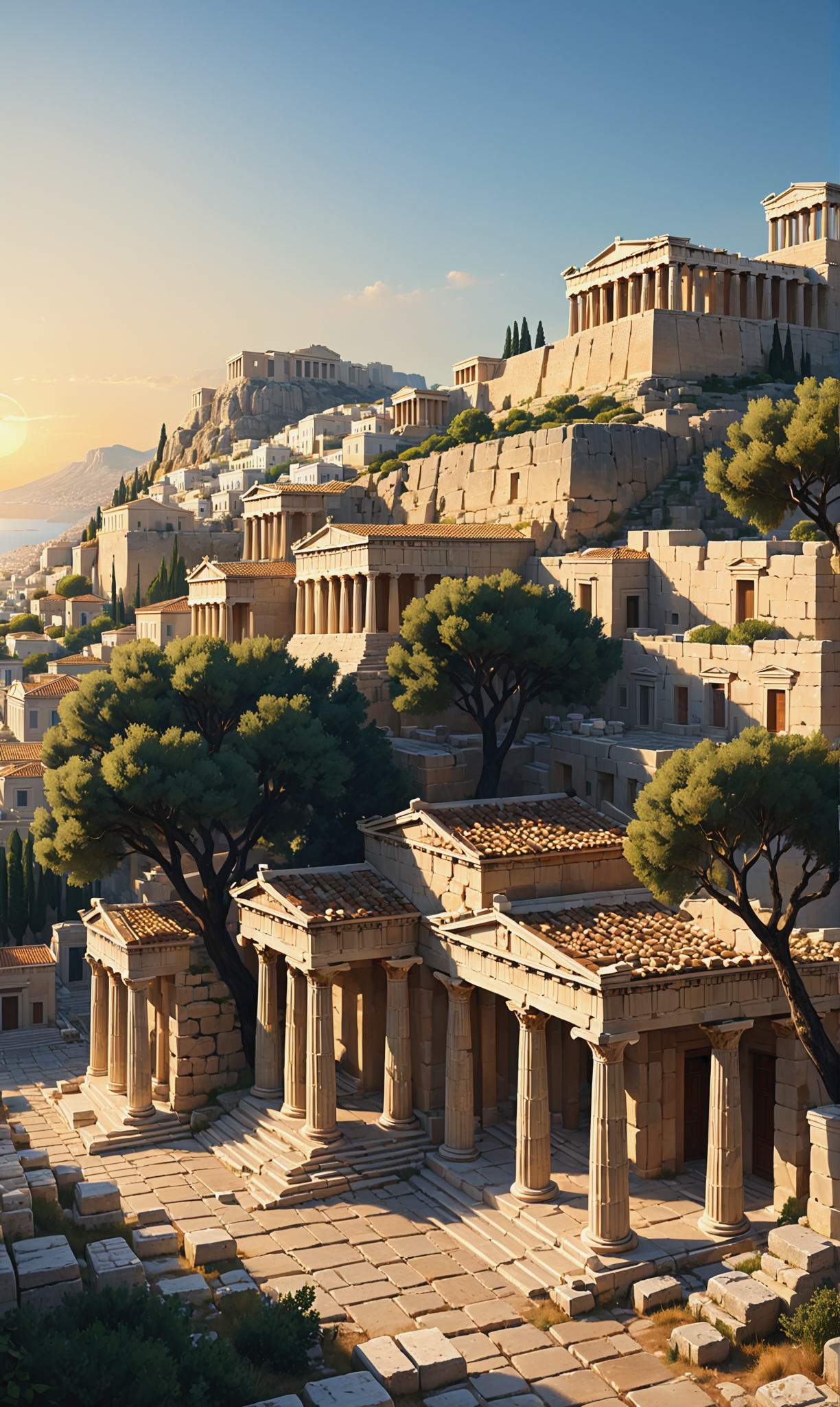 02466-1056448140-Ancient Greek city at sunrise, Acropolis standing majestic against the warm hues of the morning sky, Doric columns casting long.png